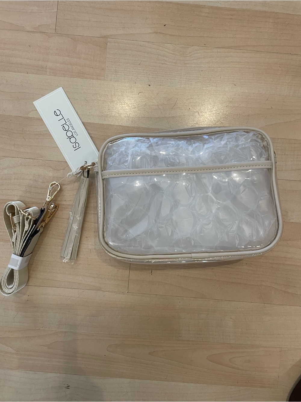 Clear concert purse with cream vegan leather trim
